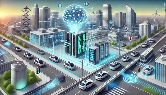 modern cityscape with self-driving cars