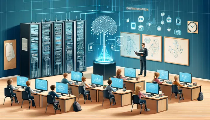 modern classroom with students using advanced technology and AI systems